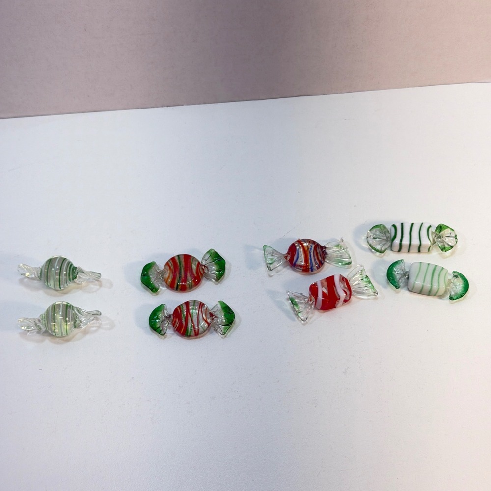 Art Glass Candy Set 8 Pieces Green Striped Hand Blown Decor Vintage Bowl Fillers